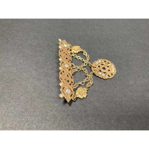 Vintage Victorian Revival Brass Tone Dangle Chain Brooch Rhinestones Festoon - Picture 4 of 11